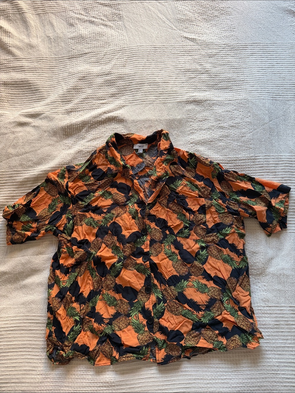 Casual Orange Pineapple Print Short-Sleeve Button-Down Shirt